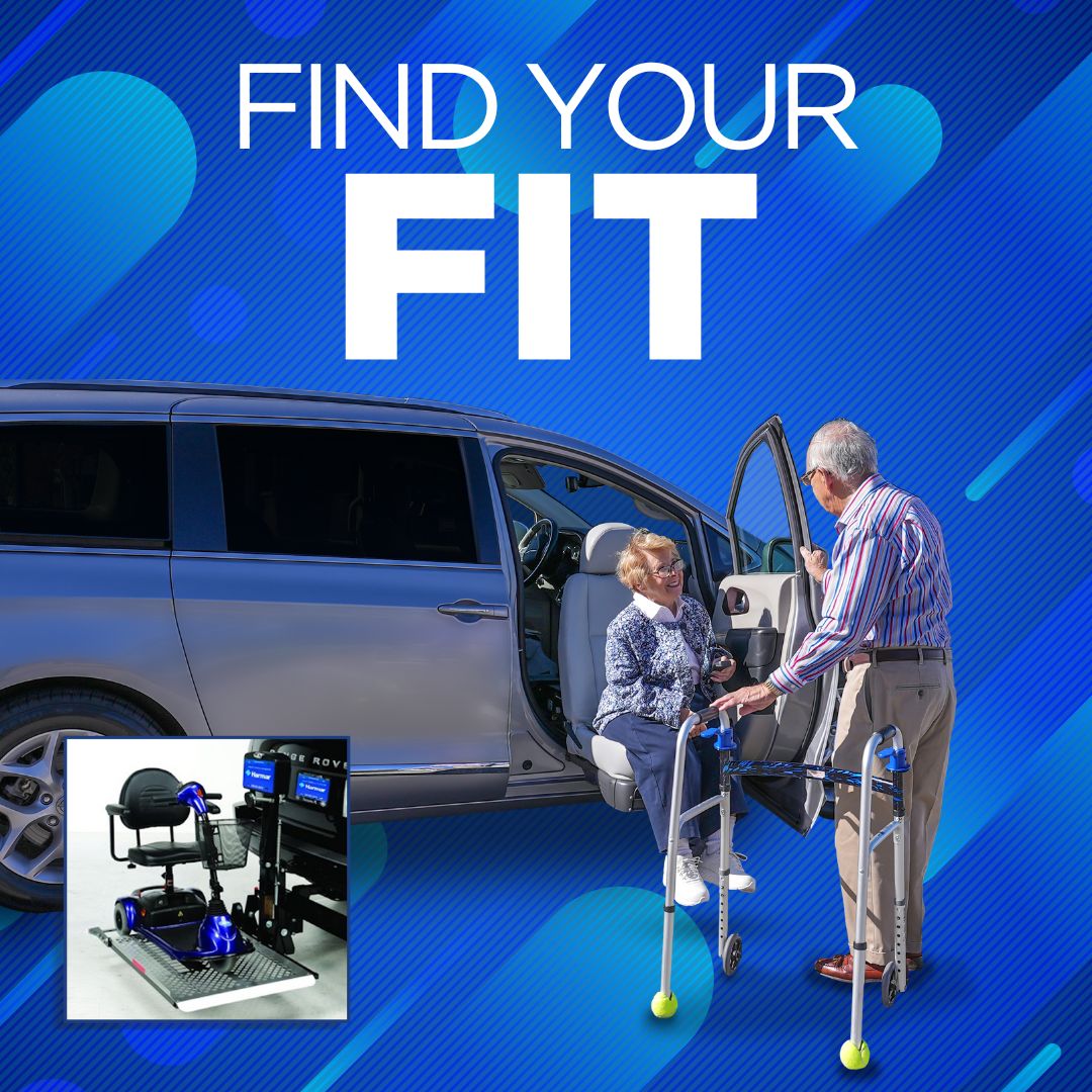 Find Your Fit Graphic With a woman getting out of a car with assistance from a walker and her husband.